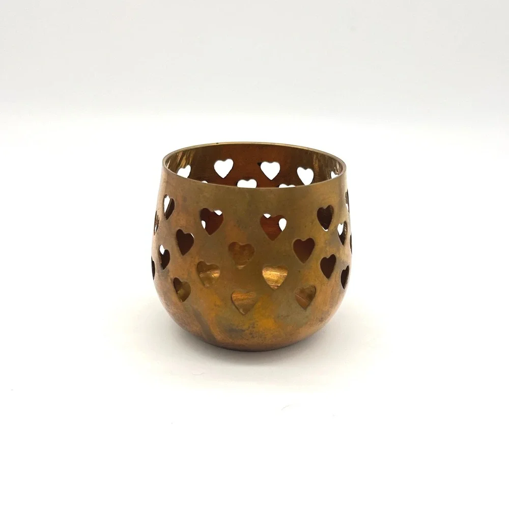 Vintage Brass Heart Cutout Candle Holder,‎ Made in India, Home Decor Accents